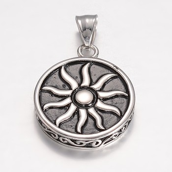 304 Stainless Steel Pendants, Flat Round Carved Sun, Antique Silver, 33x27x5.5mm, Hole: 7.5x5mm