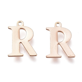 Vacuum Plating  304 Stainless Steel Charms, Laser Cut, Alphabet, Rose Gold, Letter.R, 12x9x0.8mm, Hole: 1mm