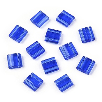 2-Hole Glass Seed Beads, Transparent Colours, Rectangle, Blue, 5x4.5~5.5x2~2.5mm, Hole: 0.5~0.8mm