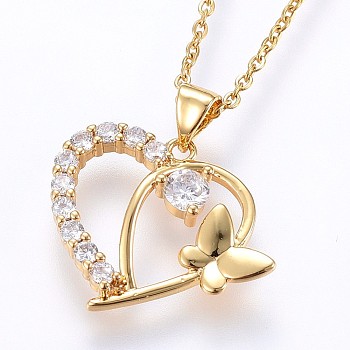 304 Stainless Steel Pendant Necklaces, with Cubic Zirconia, Heart with Butterfly, Golden, 17.71 inch(45cm), Pendant: 24.5x23x3mm