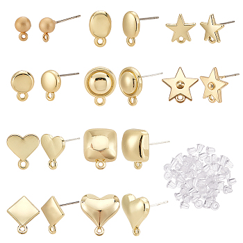 Elite 40Pcs 10 Style  Alloy Stud Earring Findings, with Horizontal Loops and Steel Pins, Oval & Heart & Rhombus & Square, with 90Pcs Plastic Ear Nuts, Light Gold, 10~16x5~12.5mm, Hole: 1~1.6mm, Pin: 0.7~0.8mm, 4Pcs/style