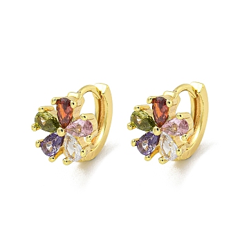 Brass Micro Pave Cubic Zirconia Hoop Earring, Real 18K Gold Plated, Flower, Colorful, 13x11mm
