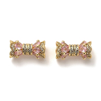 Brass Micro Pave Cubic Zirconia Beads, Real 18K Gold Plated, Pink, 16x8mm, Hole: 1.6mm