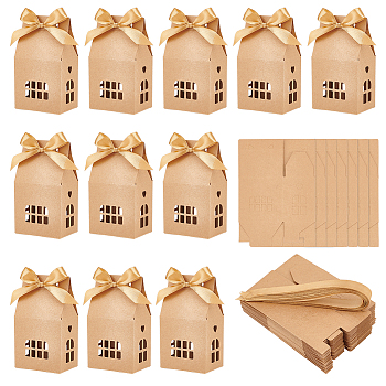 Hollow House Shaped Cardboard Paper Candy Boxes, Candy Gift Case with Polyester Ribbon, Wheat, 7.2x5.2x12.5cm