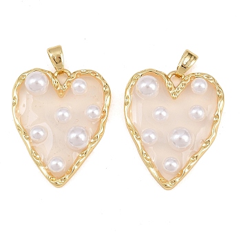 Rack Plating Brass & Epoxy Resin Pendants, Heart Charms with Plastic Beads, Long-Lasting Plated, Lead Free & Cadmium Free, Real 18K Gold Plated, 25x20.5x5mm, Hole: 5x3mm