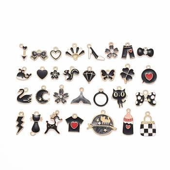 60Pcs 30 Styles Alloy Enamel Charms, Mixed Shapes, Light Gold, Lead Free & Cadmium Free, Black, 9x15x2mm, Hole: 1.8mm, 60pcs/box