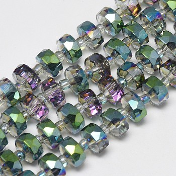 Electroplate Glass Beads Strands, Rainbow Plated, Faceted, Flat Round, Green, 7~8x5mm, Hole: 1mm, about 80pcs/strand, 21.26 inch
