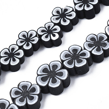 Handmade Polymer Clay Bead Strands, Flower, Black, 7.5~10x7~11x3.5~5mm, Hole: 1.6mm, about 38~40pcs/strand, 13.58 inch~14.57 inch(34.5~37cm)