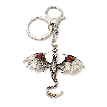 Dragon Alloy Rhinestone Pendant Keychains, with Split Key Rings and Lobster Claw Clasps, Antique Silver & Platinum, Purple, 112mm