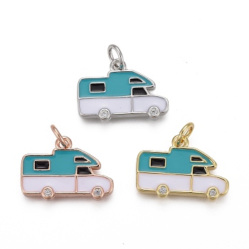 Brass Micro Pave Clear Cubic Zirconia Pendants, with Enamel and Jump Rings, Long-Lasting Plated, Camping Van/Caravan Shape, Mixed Color, 12x17x2.5mm, Hole: 3mm