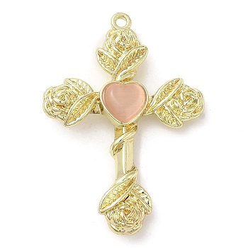 Alloy with Glass Pendants, Cross with Rose Charms, Golden, Pink, 35x25x5mm, Hole: 1.4mm
