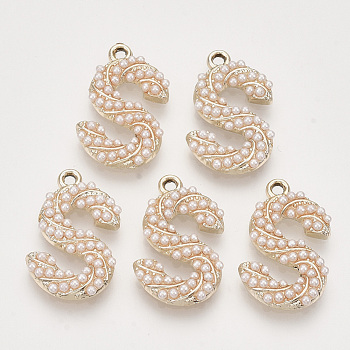 Eco-Friendly Alloy Pendants, with ABS Plastic Imitation Pearl Beads, Letter, Light Gold, Letter.S, 23x14.5x3mm, Hole: 1.6mm