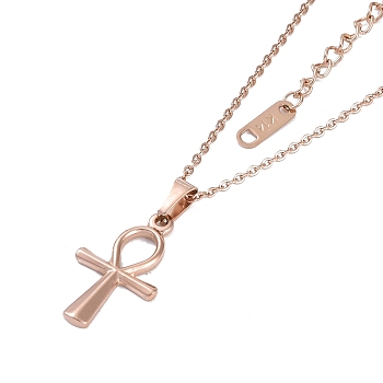 Ion Plating(IP) 304 Stainless Steel Cable Chain Necklaces, Cross Pendant Necklaces for Women, Rose Gold, 16.14 inch(41cm)