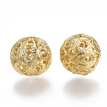Brass Filigree Beads, Filigree Ball, Round, Nickel Free, Real 18K Gold Plated, 12x11mm, Hole: 1.6mm
