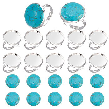 SUNNYCLUE DIY Gemstone Half Round Adjustable Ring Making Kits, Including Adjustable Brass Pad Ring Settings, Synthetic Turquoise Cabochons, Silver, 30Pcs/box