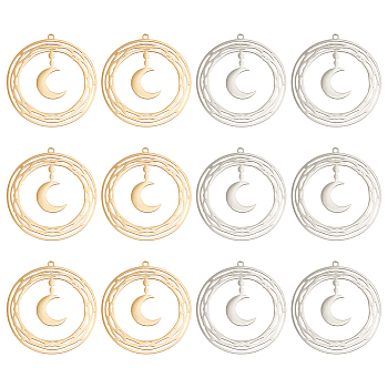 12Pcs 2 Colors 201 Stainless Steel Pendants, Ring with Moon, Real Gold Plated & Stainless Steel Color, 33.5x31.5x1mm, Hole: 1.6mm, 6pcs/color