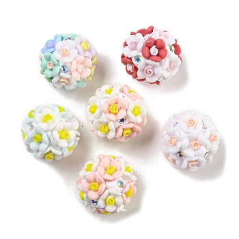 Luminous Resin Pave Rhinestone Beads, Glow in the Dark Flower Round Beads with Porcelain, Mixed Color, 19mm, Hole: 2mm