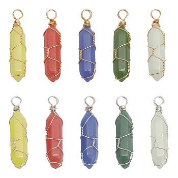 10Pcs 10 Colors Synthetic Luminous Stone Double Terminal Pointed Dyed Pendants, Faceted Bullet Charm with Copper Wire Wrapped, Glow in Dark, Mixed Color, 38~41x10~10.5x10.5~11mm, Hole: 4.5~5mm, 1pc/color