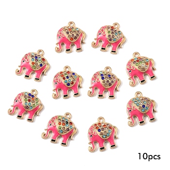 10Pcs Alloy Colorful Rhinestone and Enamel Pendants, Elephant Charms, Golden, Deep Pink, 17x19mm, Hole: 1.8mm
