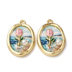 Printed Alloy Enamel Pendants, Oval Flower Charms, with ABS Imitation Pearl, Rack Plating, Light Gold, Light Cyan, 26x17x5.5mm, Hole: 1.8mm(ENAM-B028-36KCG-01)