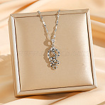 Brass Micro Pave Black Cubic Zirconia Snake Pendant Necklaces, 304 Stainless Steel Dapped Chain Necklaces, Stainless Steel Color, 16.06 inch(40.8cm)(NJEW-K280-08P)