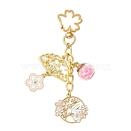 Flower Alloy Enamel & Glass Pendant Decorations, with Alloy Swivel Clasps, Pink, 114mm(HJEW-YW00200-01)