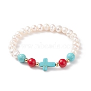 Synthetic Turquoise(Dyed) Cross & Natural Mashan Jade & Pearl Beaded Stretch Bracelet, Gemstone Jewelry for Women, Colorful, Inner Diameter: 2-1/8 inch(5.4cm)(BJEW-TA00161)