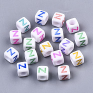 Opaque White Acrylic Beads, with Enamel, Horizontal Hole, Cube with Mixed Color Letter, Letter.Z, 6x6x6mm, Hole: 3mm, about 2900pcs/500g(SACR-R252-02Z)