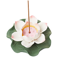 Porcelain Incense Burner Holder, Home Office Teahouse Zen Buddhist Supplies, Lotus & Lotus Leaf, Pink, 88x90.5x33mm, Hole: 3.5mm(AJEW-WH0314-99A-01)