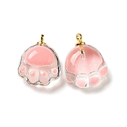 Transparent Glass Pendants, with Golden Tone Alloy Loops and Enamel, Cat Paw, Pink, 18.5x14.5x7.5mm, Hole: 1.6mm(FIND-I029-03A)