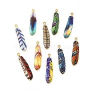 Rack Plating Alloy Pendants, Printed, Lead Free & Cadmium Free & Nickel Free, Feather Charm, Light Gold, Mixed Color, 36.5x8x1.5mm, Hole: 1.8mm(FIND-H043-02LG)