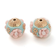 Handmade Indonesia Beads, with Alloy Findings and Resin, Rondelle with Flower, Pink, 16x16.5x16mm, Hole: 1.8mm(IPDL-B001-01B)