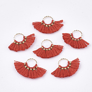 Polycotton(Polyester Cotton) Tassel Pendants Decorations, with Brass Findings, Fan Shape, Golden, Red, 14~15x20~22x1.5mm, Hole: 7mm(FIND-S302-11A)