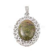 Natural Unakite Pendants, with Platinum Tone Alloy Findings, Oval Charms, 41x28.5x7.5mm, Hole: 7.2x4mm(G-A226-03P-03)