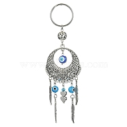 Handmade Lampwork Evil Eye Pendant Keychain, with 304 Stainless Steel Split Key Rings & Alloy Findings, Flat Round with Feather, Heart, 14cm(KEYC-JKC00535-02)