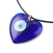 Heart with Evil Eye Lampwork Pendant Necklace with Leather Cord for Women, Blue, Pendnat: 35x35x7mm, 17.91 inch(45.5cm)(NJEW-JN03924-01)