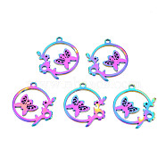 Rack Plating Rainbow Color 201 Stainless Steel Connector Charms, Laser Cut, Ring with Butterfly and Leaf, 25x21.5x1.5mm, Hole: 2mm(STAS-T063-172M)