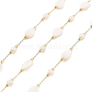 Ion Plating(IP) 304 Stainless Steel Paperclip Chains, Soldered, with Shell Beads, Leaf, Real 18K Gold Plated, 0.9x0.6x0.2cm, about 16.40 Feet(5m)/Roll(CHS-P018-20G)