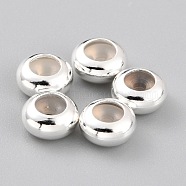 Brass Beads, with Rubber Inside, Slider Beads, Stopper Beads, Long-Lasting Plated, Rondelle, 925 Sterling Silver Plated, 5x2.5mm, Rubber Hole: 1.2mm(KK-O133-207A-S)