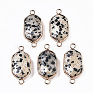 Natural Dalmatian Jasper Links Connectors, with Edge Light Gold Plated Brass Findings, Faceted, Hexagon, 29.5x14x6mm, Hole: 2mm(G-S359-276B)