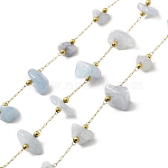 Ion Plating(IP) 316 Surgical Stainless Steel Paperclip Chains, with Natural Aquamarine Nuggets Beads, Soldered, Real 18K Gold Plated, with Spool, 2.5x1x0.5mm(CHS-I019-20J)