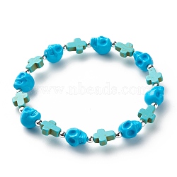 Synthetic Turquoise(Dyed) Cross & Skull Beaded Stretch Bracelet, Halloween Gemstone Jewelry for Women, Turquoise(Dyed), Inner Diameter: 2-3/8 inch(6cm)(BJEW-JB08452-04)