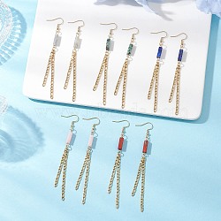 Rectangle Mixed Stone Dangle Earrings, with 304 Stainless Steel Figaro Chains and 304 Stainless Steel Earring Hooks, Golden, Mixed Color, 102~105x4~4.5mm(EJEW-JE06750)