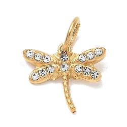 Autumn 304 Stainless Steel Pendants, with Crystal Rhinestone, Small Animals Series Charms, Golden, Dragonfly, 7.5x15x2mm, Hole: 5mm(STAS-C180-01F-G)