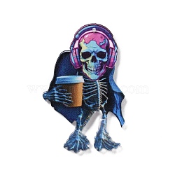 Halloween Theme Opaque Printed Acrylic Pendants, Skeleton, Blue, 49x31x2mm, Hole: 1mm(SACR-Z006-09C)