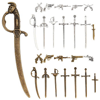 24Pcs Sword & Gun Pendant Kit for Jewelry Making, Including Sword & Gun Tibetan Style Alloy Pendants, Antique Bronze & Antique Silver, 24Pcs/box