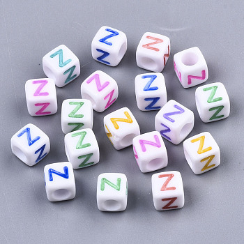 Opaque White Acrylic Beads, with Enamel, Horizontal Hole, Cube with Mixed Color Letter, Letter.Z, 6x6x6mm, Hole: 3mm, about 2900pcs/500g