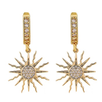 Clear Cubic Zirconia Sun Drop Huggie Hoop Earrings, Brass Jewelry for Women, Golden, 32mm, Pin: 0.9mm