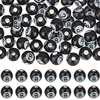 54Pcs Glazed Porcelain Round Beads, Glossy Ceramic Beads with Number 8, Black, 8mm, Hole: 2mm