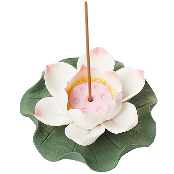 Porcelain Incense Burner Holder, Home Office Teahouse Zen Buddhist Supplies, Lotus & Lotus Leaf, Pink, 88x90.5x33mm, Hole: 3.5mm